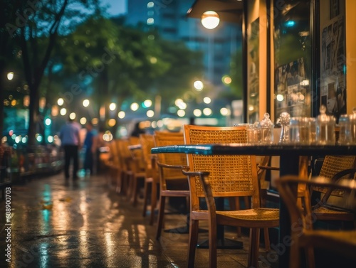 Bokeh background of street bar beer restaurant  outdoor. People sit chill out and hang out dinner and listen to music together in avenue. Happy life.