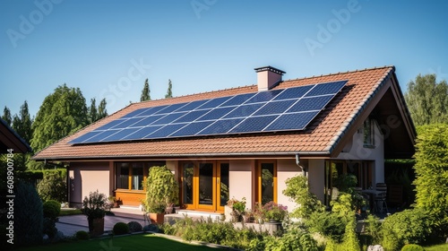 House with solar panels on the roof. Sustainable and clean energy at home.