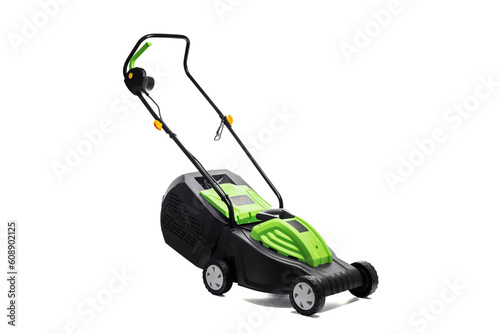 Garden electric lawn mower with a grass collector isolated on white background