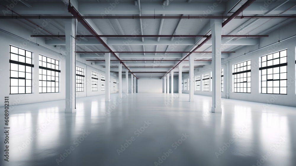 Empty, modern industrial space. This image highlights the elegance of minimalist design in contemporary industrial facilities, ready for new opportunities and transformations. Generative AI Empty, modern industrial space. This image highlights the elegance of minimalist design in contemporary industrial facilities, ready for new opportunities and transformations. Generative AI