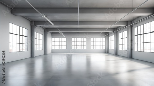 Empty, modern industrial space. This image highlights the elegance of minimalist design in contemporary industrial facilities, ready for new opportunities and transformations. Generative AI