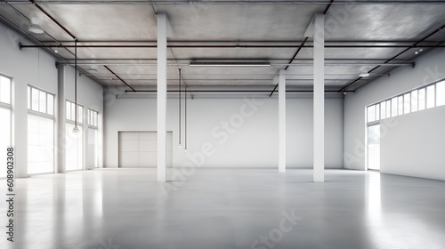 Empty, modern industrial space. This image highlights the elegance of minimalist design in contemporary industrial facilities, ready for new opportunities and transformations. Generative AI