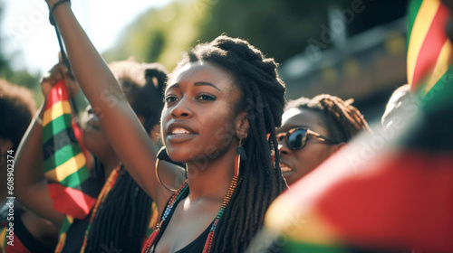 Juneteenth Freedom Day Celebration. African American people raised fists in the air. black lives matter. Juneteenth and african liberation day. Generative ai