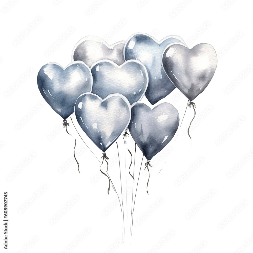 bunch of ballons in silver with heart shape in watercolor design on transparent background