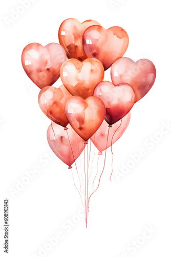 bunch of ballons in rose gold with heart shape in watercolor design on transparent background