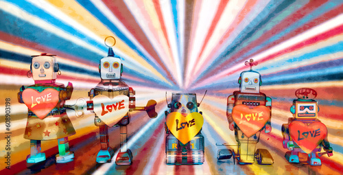  a line of robots holding love hearts