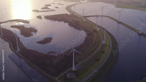 Rotating windturbine generating electricity at windpark Krammersluizen, aerial photo