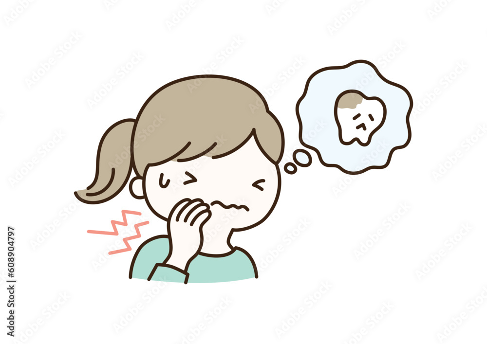 Illustration of a woman enduring the pain of tooth decay / 虫歯の痛みに耐える女性のイラスト Illustration of a woman enduring the pain of tooth decay / 虫歯の痛みに耐える女性のイラスト