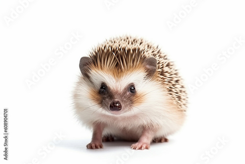 A hedgehog sits on a white background. Generative AI