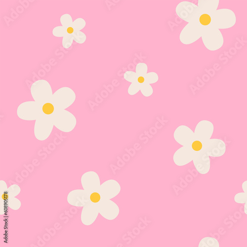 Floral pattern in the style of the 70s with groovy daisy flowers. Retro floral naive vector design. Style of the 60s, 70s, 80s