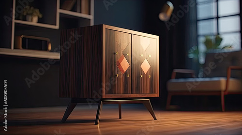 Beautiful wooden cabinet, original model against the background of a modern interior, 8k, generative ai