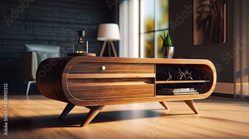 Beautiful wooden cabinet, original model against the background of a modern interior, 8k, generative ai
