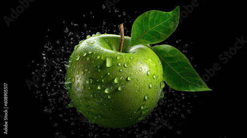 Beautiful green apple with water drops and leaves over isolated background, 8k, generative ai