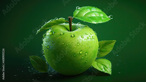 Beautiful green apple with water drops and leaves over isolated background, 8k, generative ai