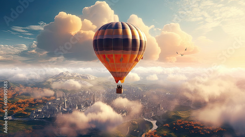 Hot air balloon in the clouds over a beautiful city, 8k, generative ai