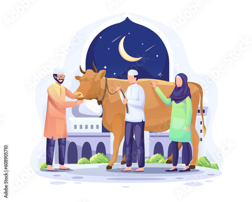 Eid Al Adha Flat Illustration. People donate a cow to be sacrificed or qurban on Eid al Adha Mubarak. Flat vector illustration photo