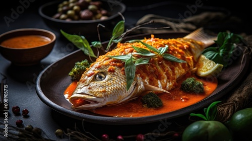 baked snapper red curry with complete composition and perfect viewing angles and background blur © GradPlanet