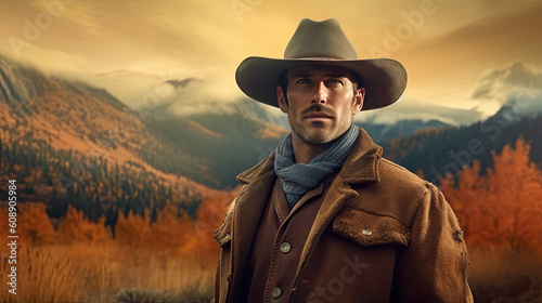 Adult man on cowboy hat standing on hill against mountain during sunrise Generative AI