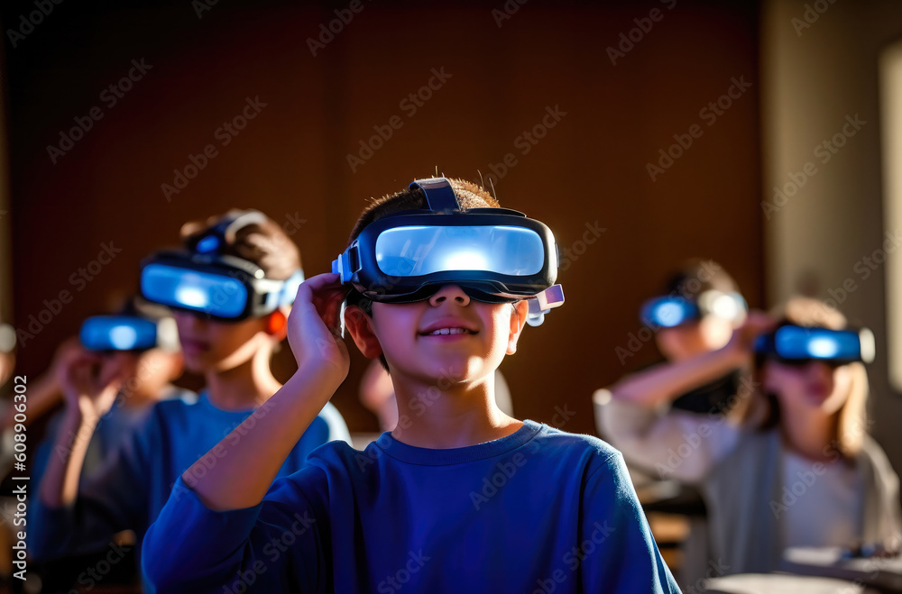 Kid wearing a VR googles at school as a new mean of studying. Concept image on ed tech and e learning in the school environment. Generative AI Kid wearing a VR googles at school as a new mean of studying. Concept image on ed tech and e learning in the school environment. Generative AI