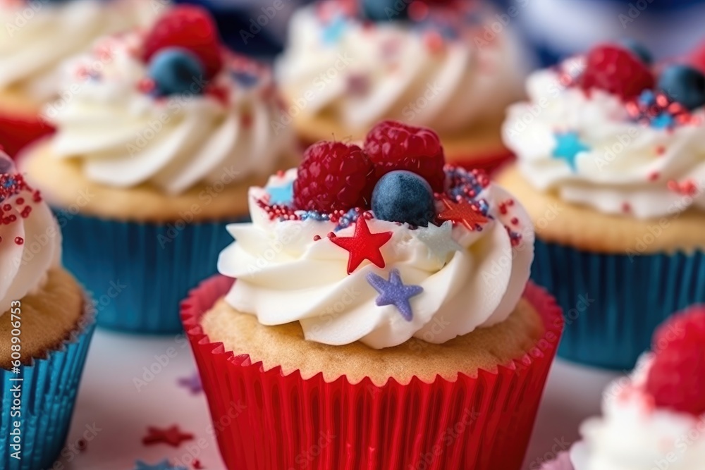4th of July cupcakes decorated with American-themed frosting and sprinkles. (Illustration, Generative AI)