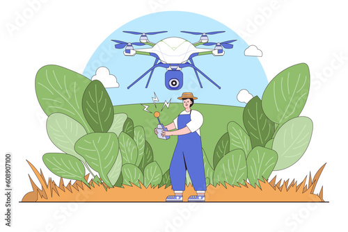 Smart Farming and Agricultural Technology Concept with a Person Operating a Drone for Crop Monitoring