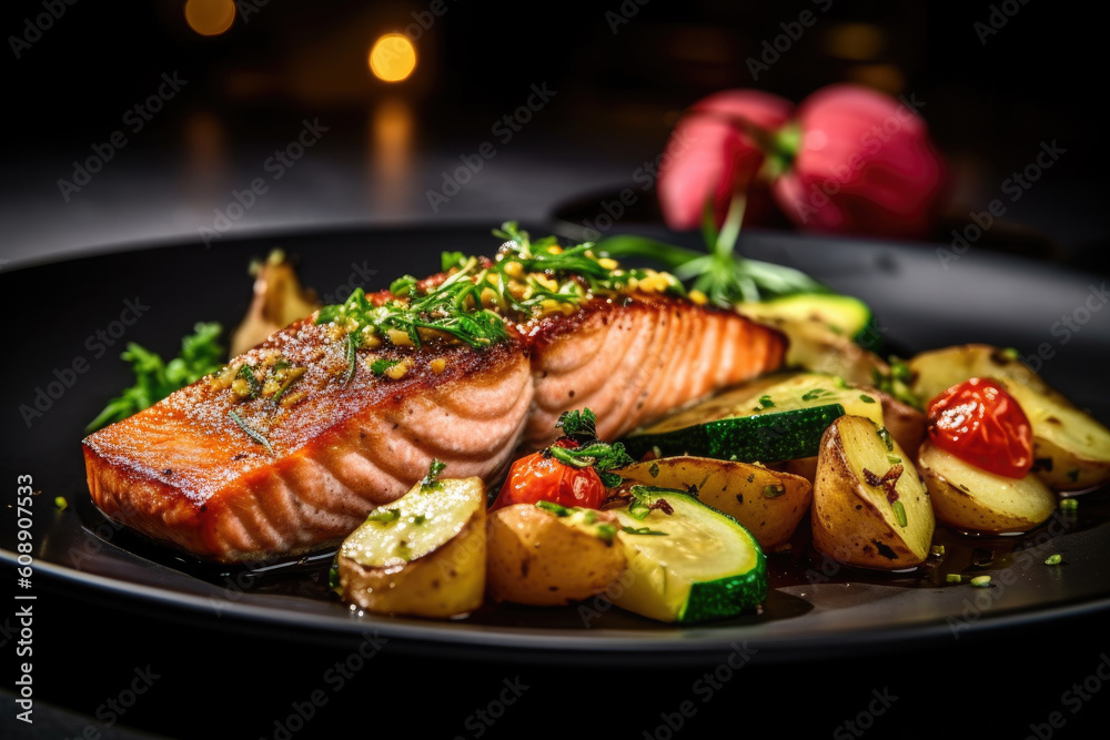 Baked fish and vegetables fried on a dark background. Generative AI technology. Baked fish and vegetables fried on a dark background. Generative AI technology.