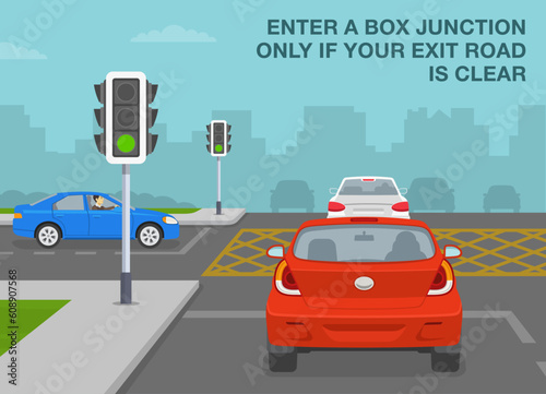 Driving tips and traffic regulation rules. Enter a box junction only if exit road is clear. Back view of a car stopped at yellow junction box. Flat vector illustration template.