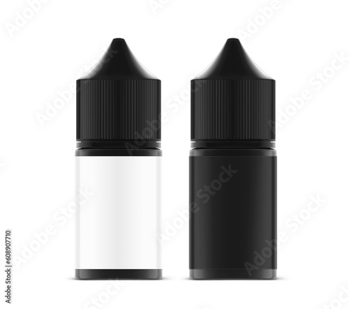 Black bottle with white and black label mockup. Vector illustration isolated on white background. Can be used to present cigarette liquid, medical and other needs. EPS10.	