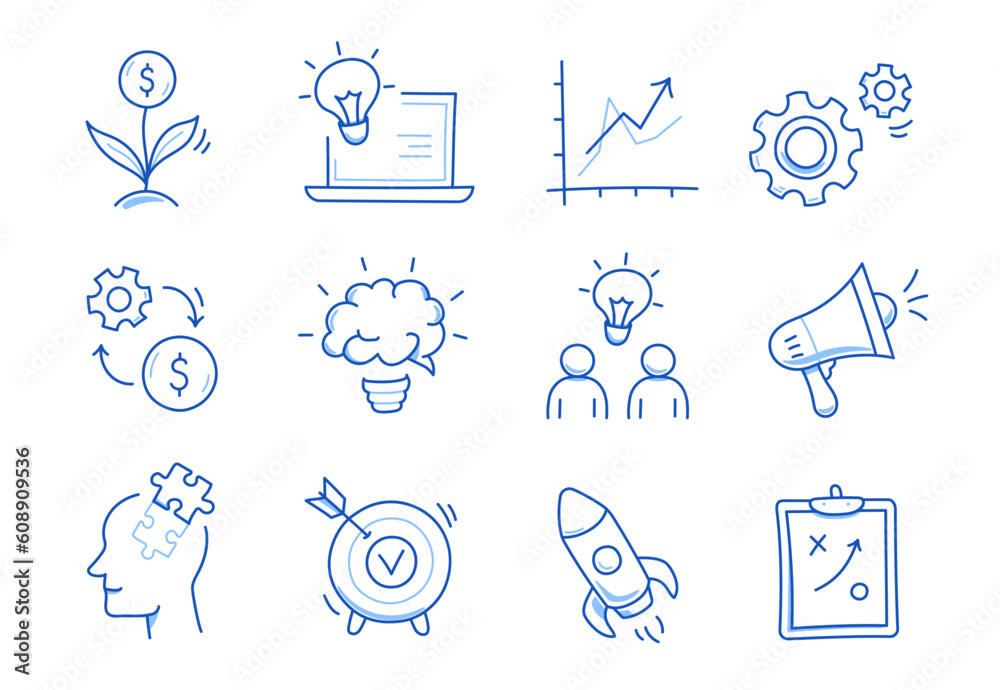 Business idea, startup doodle line icon set. Hand drawn doodle sketch ...