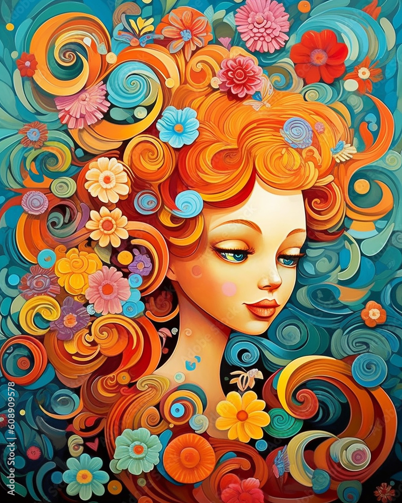 girl with red and orange hair with flowers in the style of colorful cartoon and psychedelic artwork. Generative AI. girl with red and orange hair with flowers in the style of colorful cartoon and psychedelic artwork. Generative AI.