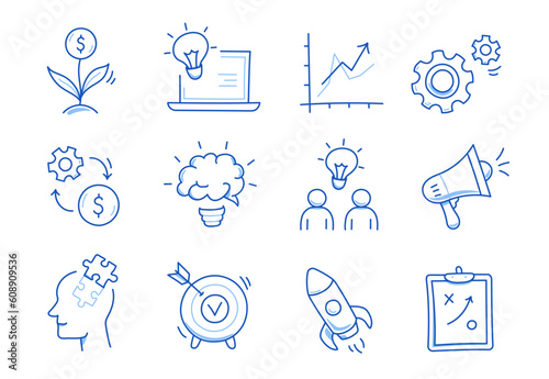 Business idea, startup doodle line icon set. Hand drawn doodle sketch line style business strategy, finance goal concept. Rocket, target, brain cute element. Vector illustration
