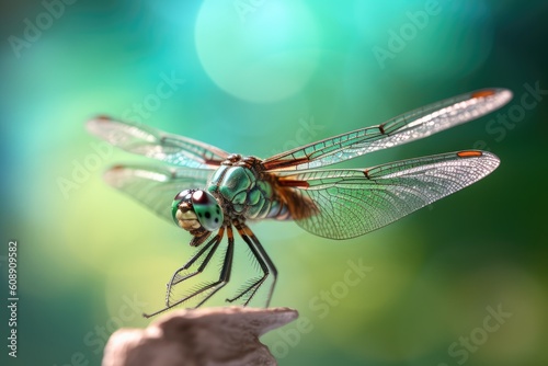 dragonfly perched on green background slightly blue fanfare, generative ai
