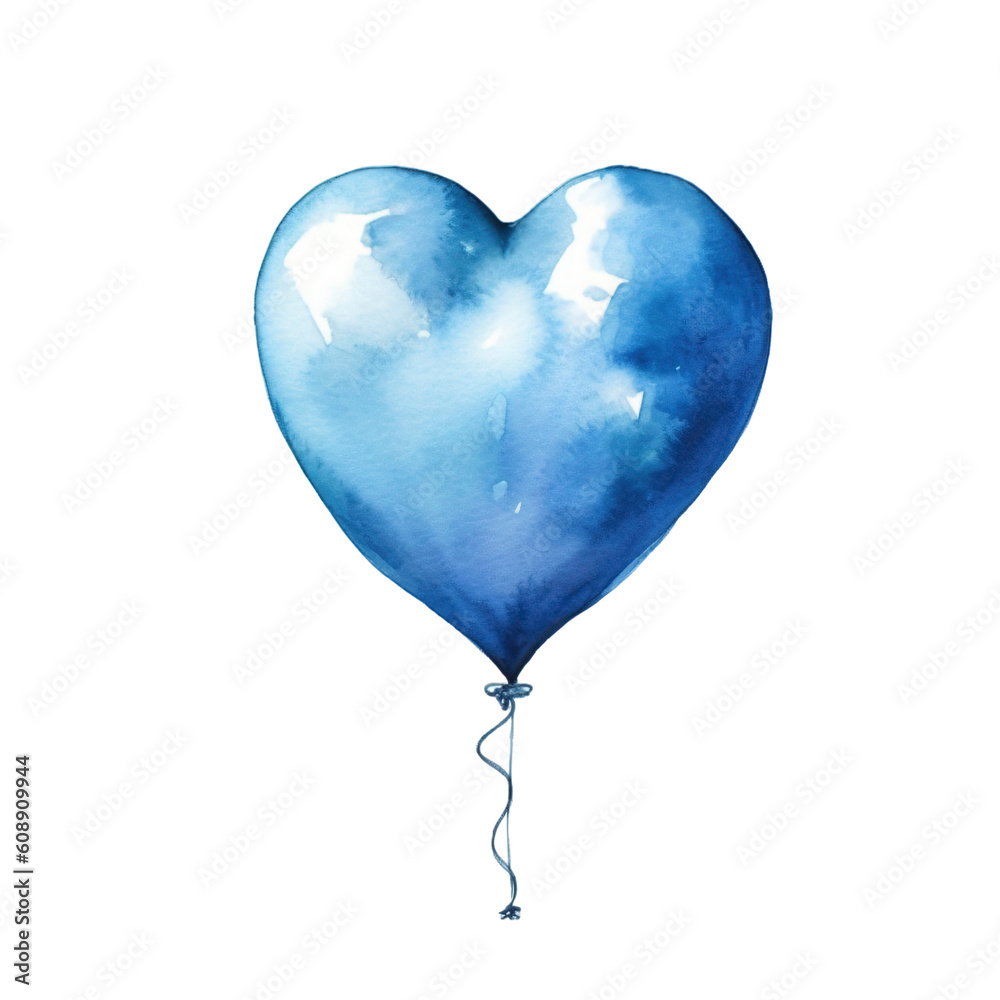 single ballon in blue with heart shape in watercolor design on transparent background single ballon in blue with heart shape in watercolor design on transparent background