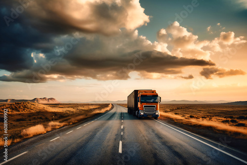 a truck is driving on an empty road with clouds behind