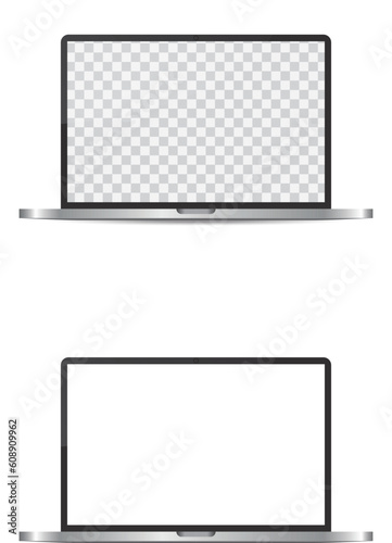 Realistic grey laptop or notebook mockup. Modern office device. 3D vector object with dropped shadow
