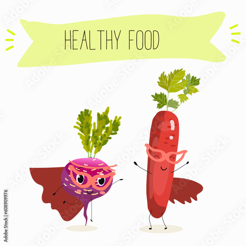 Illustration with funny vegetables characters  black swede, Danish swede, red winter radish. Funny and healthy food. Vitamins, salad, cute face food, ingredients.