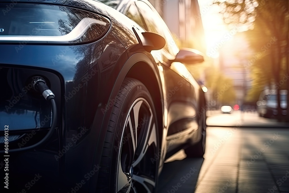 Electric vehicle charging in the city. AI generative Electric vehicle charging in the city. AI generative