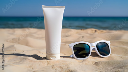 Fototapeta Naklejka Na Ścianę i Meble -  sunglasses on the beach, summer composition with sunglasses, blue sea as background, copy space, sun, coast, holiday, glasses, nature, drink,  AI generated	