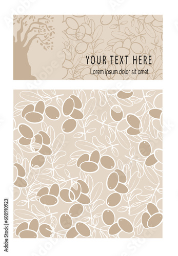 Vector business set template olive branch and tree logo design with 2 options. Restaurant or organic cosmetics, soap and beauty products branding elements.