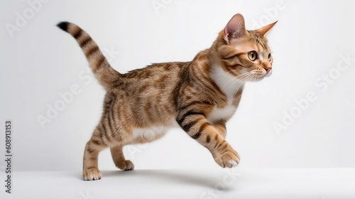 A very cute cat jumping on a white background, Generative AI