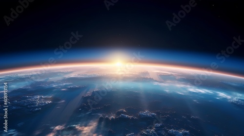 Inspiring view of sunrise as seen from Earth s orbit in space. This image captures the breathtaking spectacle of the sun s golden rays illuminating the curvature of our planet. Generative AI