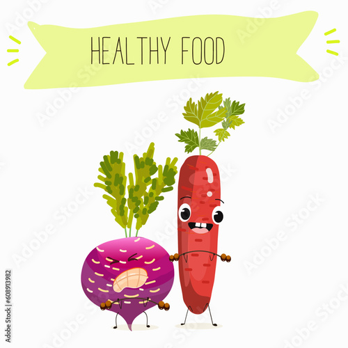 Illustration with funny vegetables characters  black swede, Danish swede, red winter radish. Funny and healthy food. Vitamins, salad, cute face food, ingredients.