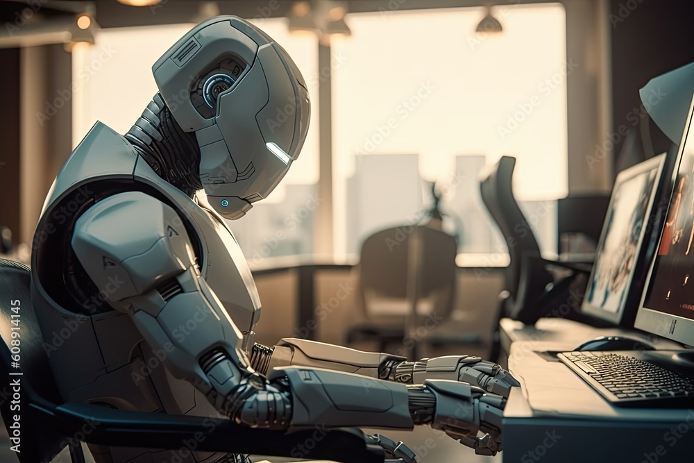Very cute robot working on the laptop Very cute robot working on the laptop