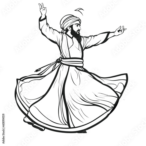 Sufi who performs the representative dance of the tradition of Sufism and Sufism. Vector illustration.