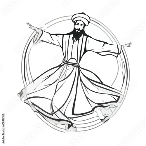 Sufi who performs the representative dance of the tradition of Sufism and Sufism. Vector illustration.