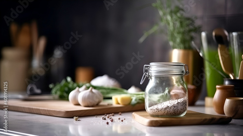 kitchen counter with culinary ingredients and herbs soft focus kitchen. Banner. AI Generative