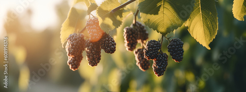 A branch with natural mulberries on a blurred background of a mulberry garden at golden hour. Mulberry farm with mulberries. Banner. AI Generative photo
