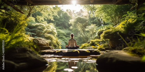 sitzende Yoga Pose rücklings mit Blick auf Berge, Wasser und Bäume KI © KNOPP VISION