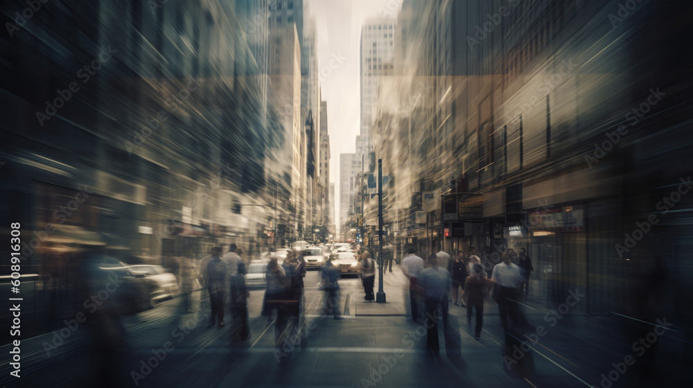 Capturing the energy and hustle of a cityscape, with a mesmerizing blur of business people walking through the streets, Generative AI