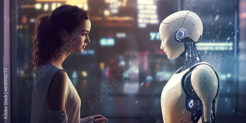 Mensch und Roboter in Gegenüberstellung im Profil KI